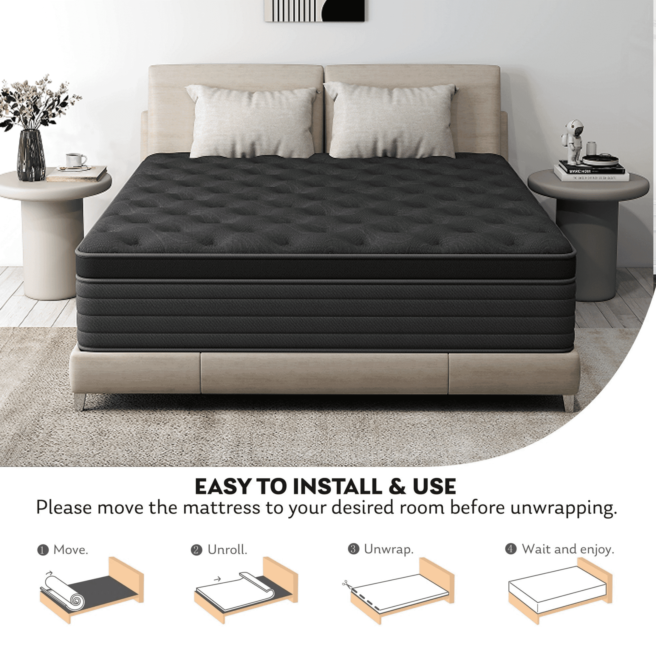 SILENCE MANGO 14 Inch Twin Size Euro Top Hybrid Mattress, Medium Firm, Grey, Bed in a Box, Individual Pocket Springs, Back & Lumbar Support, Motion Isolation, Pressure Relief