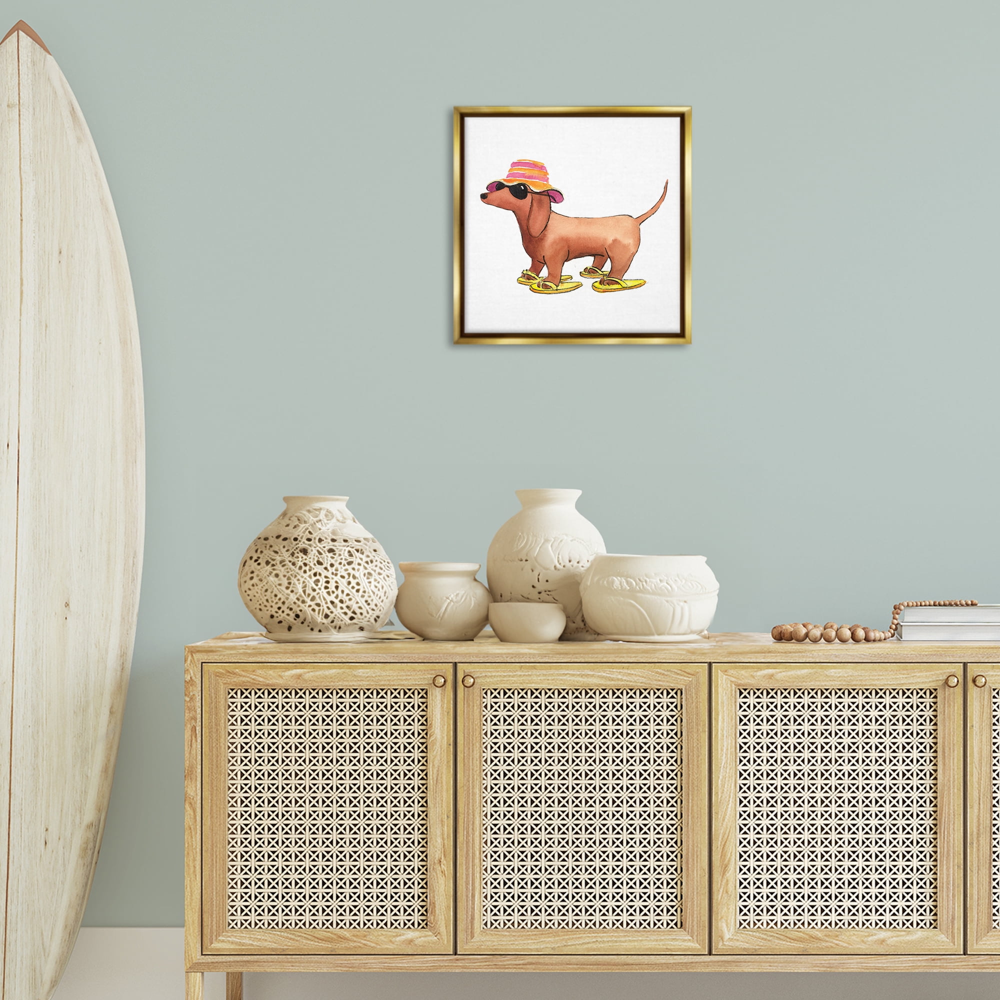 Stupell Industries Beach Dog Flip Flops Animals Painting Gold Floater Framed Canvas Art Print Wall Art, 18 x 18