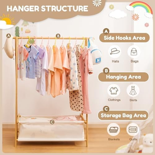 Kids Clothing Rack with Storage Box, Dress up Holder, Child Garment Stand with Hanging Rods, Small and Foldable, Bamboo (Natural)