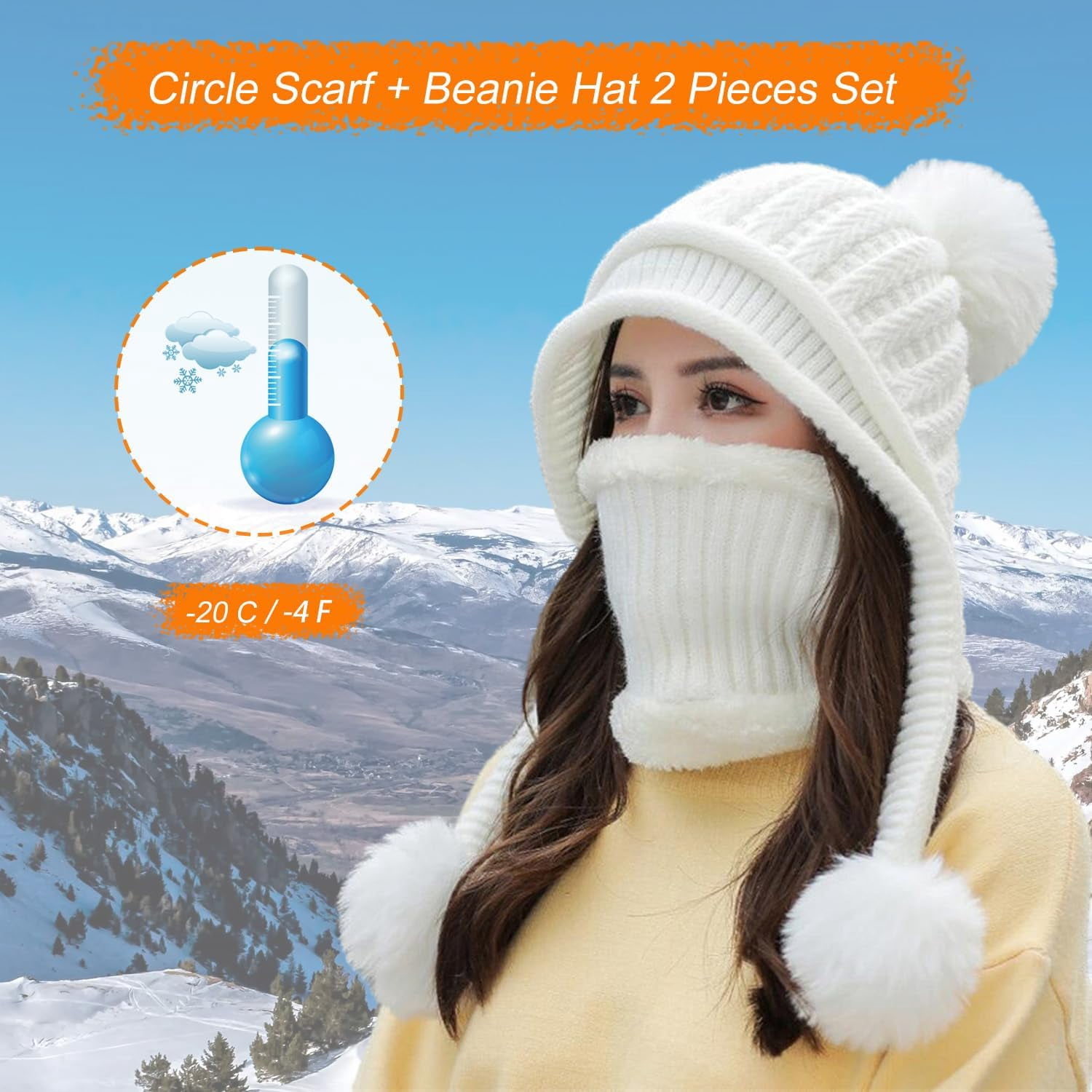 Zhengup Women Winter Beanie Hat Circle Scarf Set Pompoms Peruvian Ski Snow Ear Flaps Sherpa Knit Hats Fleece Lined,S to M Size Head