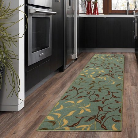 Contemporary 6' Square Rug - Ottomanson Ottohome Collection Contemporary Leaves Design Non-Skid Rubber Backing Area or Runner Rug, Seafoam