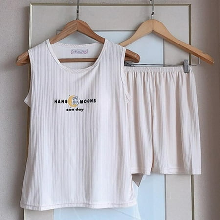 

2pcs Women Pajama Set Two-Piece Summer Nightwear Girls Sleeveless Pajama Crew Neck Loose Sleepwear Casual Home Clothes Korean Version Pajama Cartoon Printing Camisole with Shorts