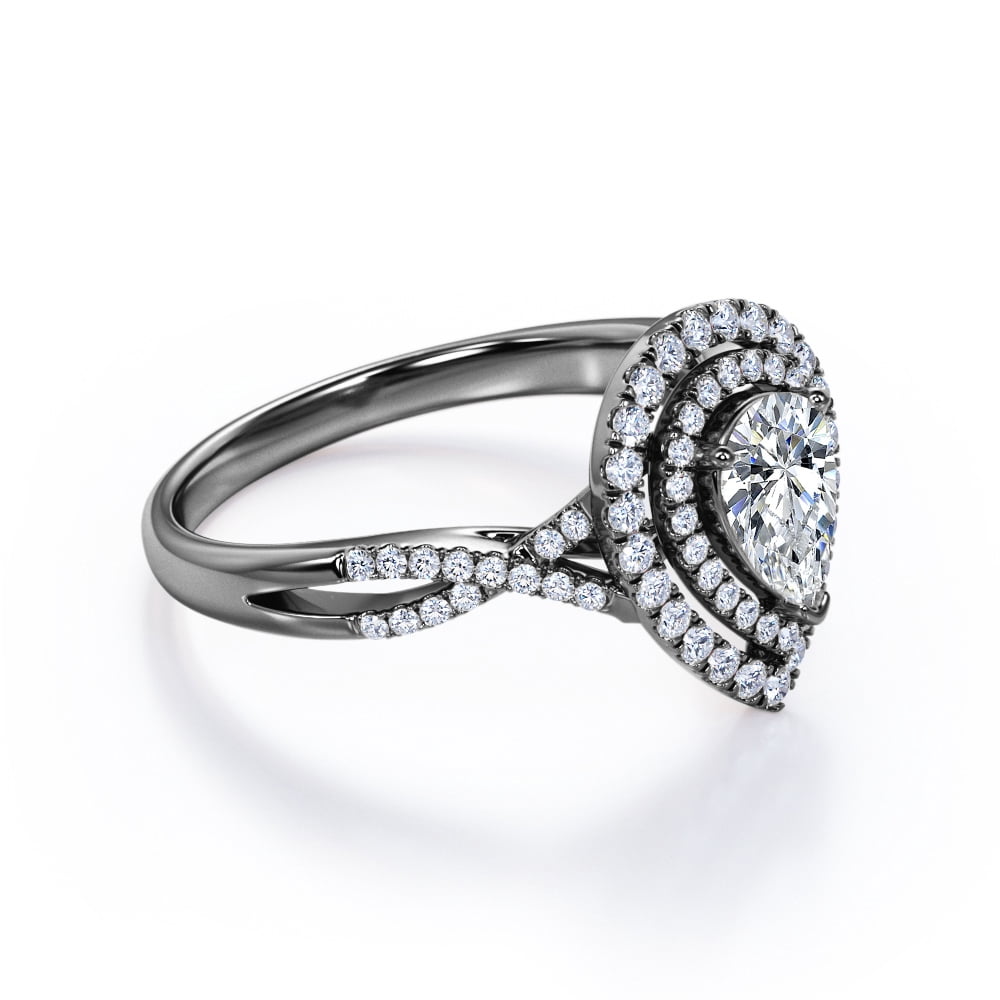 JeenMata 1 Carat Pear Shape Moissanite - Infinity Twisted Shank - Duo Halo Cluster Engagement Ring - 18K Black Gold Plating for Women