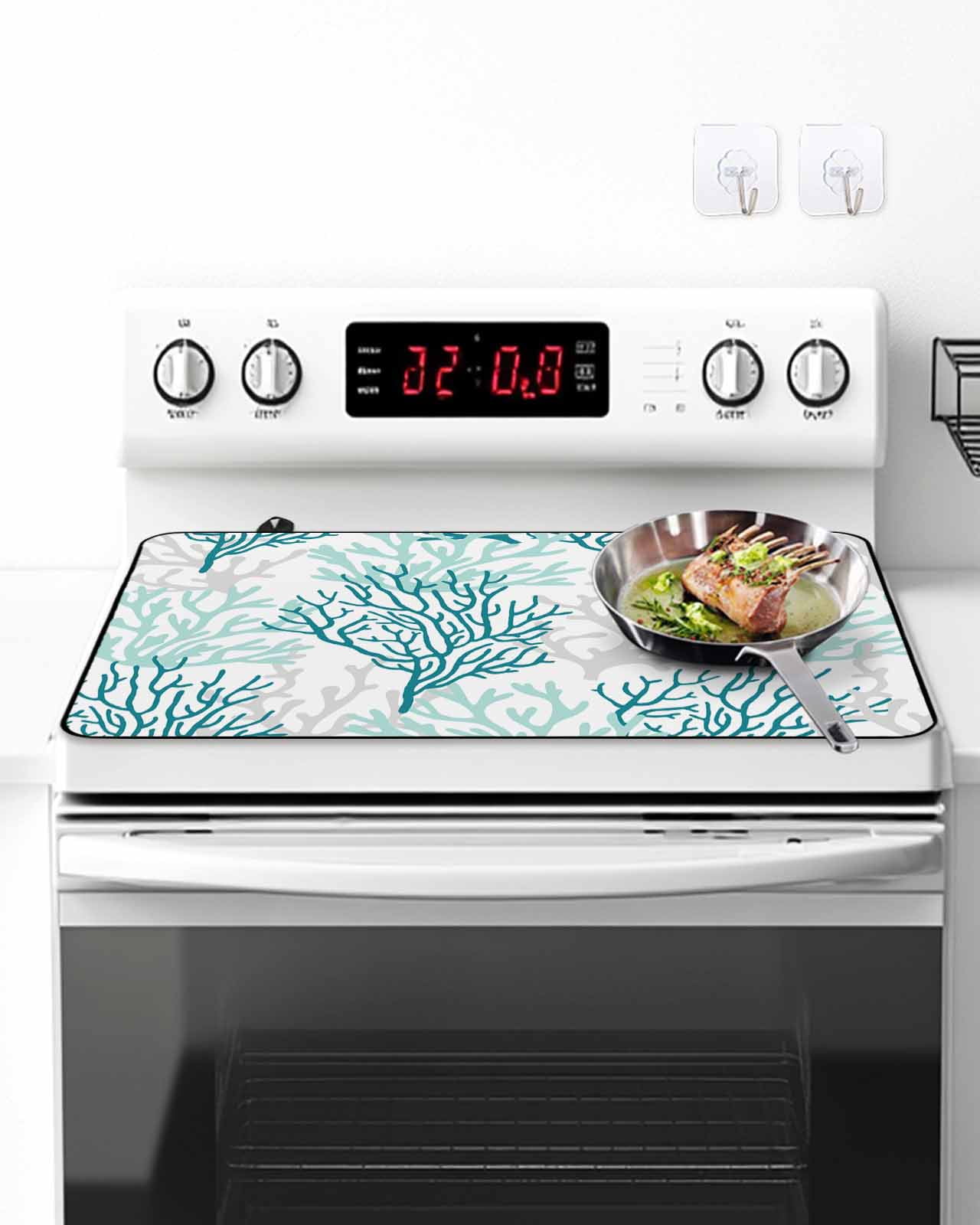 Stove Top Covers for Electric Stove, Teal Grey Coral Coastal Glass Stovetop Cover Protector, Summer Beach Seaside Nautical Induction Cooktop Protector Oven Mat for Kitchen Countertop 28.5"x20.5"