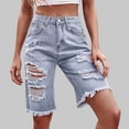 thumbnail image 6 of WPPGONE Denim Bermuda Shorts for Women Knee Length Distressed Holed Straight Leg Frayed Vintage Bottoms Fashion Casual Summer Versatile Jean Shorts with Pockets, 6 of 6