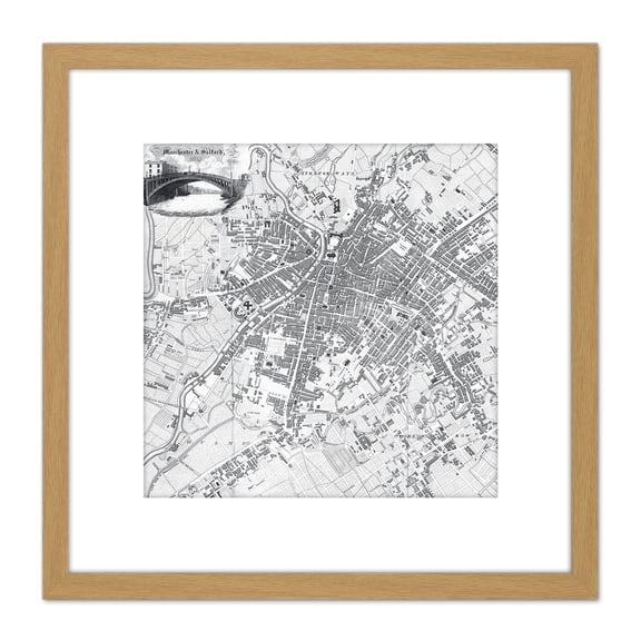 Map Pigot 1819 Manchester Salford England Plan Chart 8X8 Inch Square Wooden Framed Wall Art Print Picture with Mount