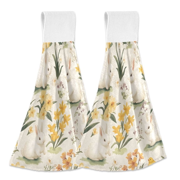 Yayeee Kitchen Hanging Hand Towels Set of 2 with Loop Bathroom Absorbent Tie Towel, White Rabbits