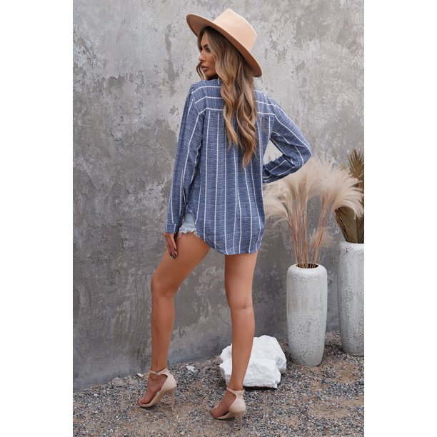ABPHQTO Top de manga larga con cuello en V a rayas azules para mujer