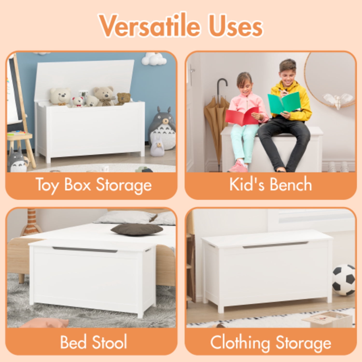 Kids Wooden Toy Box Storage with Safety Hinged Lid for Ages 2+ (Gray)
