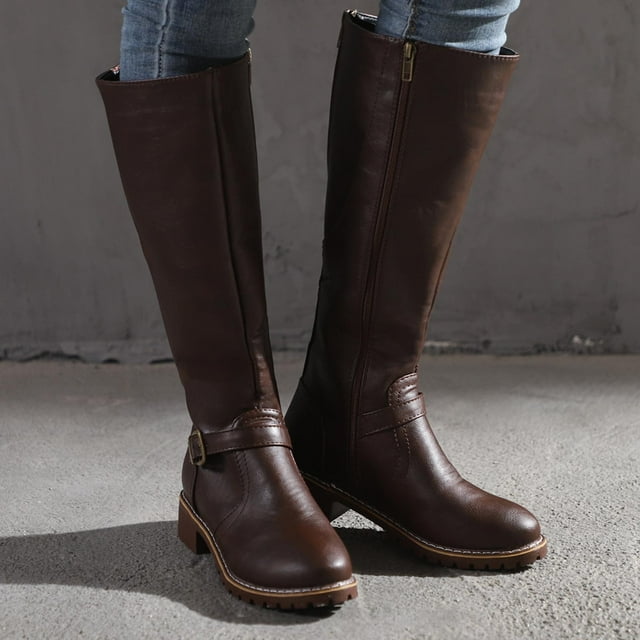 EGNMCR Bottes d'Hiver pour Femmes Femmes Chaussures Rétro Décontractées Épaisses à Talons Bas Grande Taille Mi-Mollet à Fermeture Éclair