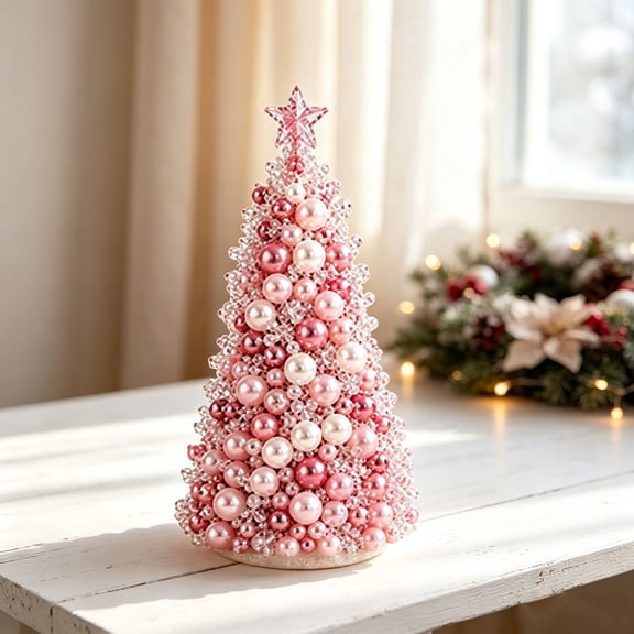 Beaded Christmas Tree Kit 3D Pearl Beaded Tree, Handmade Tabletop Decor with Sparkling Crystal Beads, Tree Topper Star for Surprise & Gift