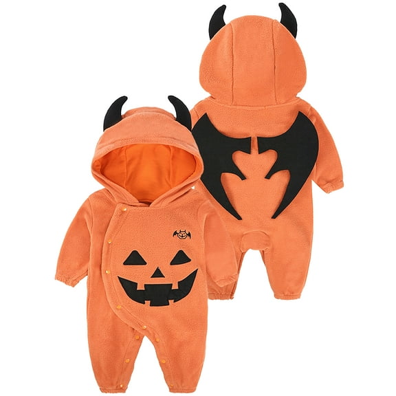 WIBACKER 0-24M Newborn Toddler Baby Girl Boy Halloween Pumpkin Costumes with Bat Wings Fleece Hooded Romper Jumpsuit Outfit