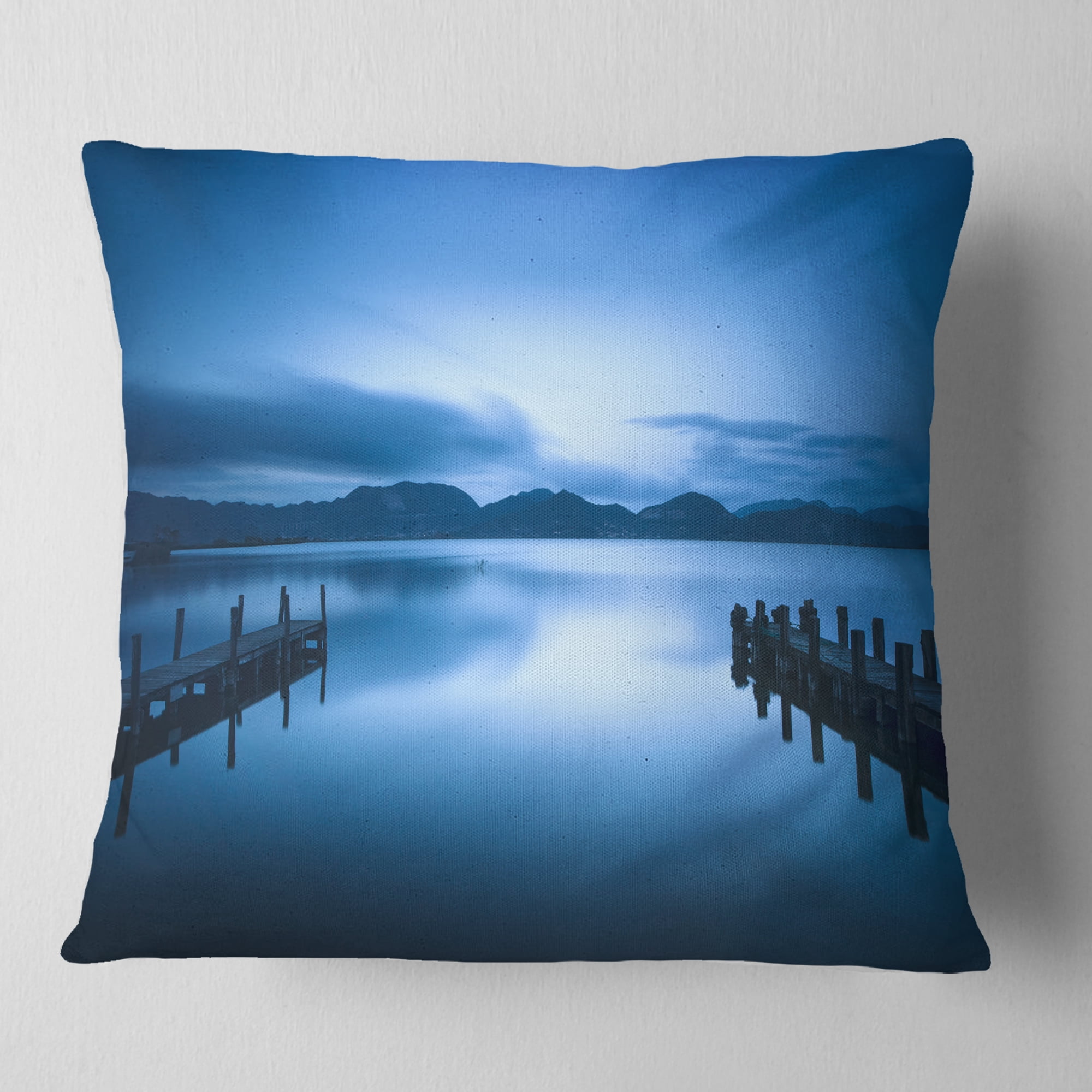 Designart Dark Blue Sea and Piers - Seascape Throw Pillow - 16x16