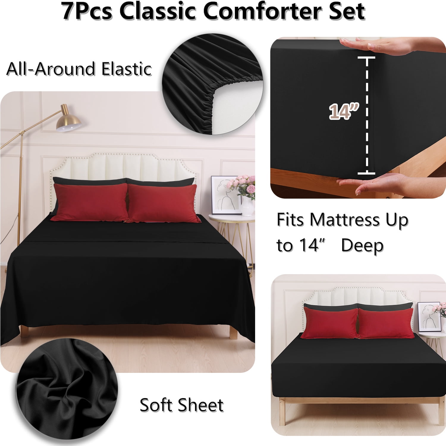 HIG 7 Piece Reversible Full Comforter Set - Red Quilted Down Alternative Bedding All Season Super Soft Microfiber Bed in a Bag Includes Sheets Pillowcases Shams