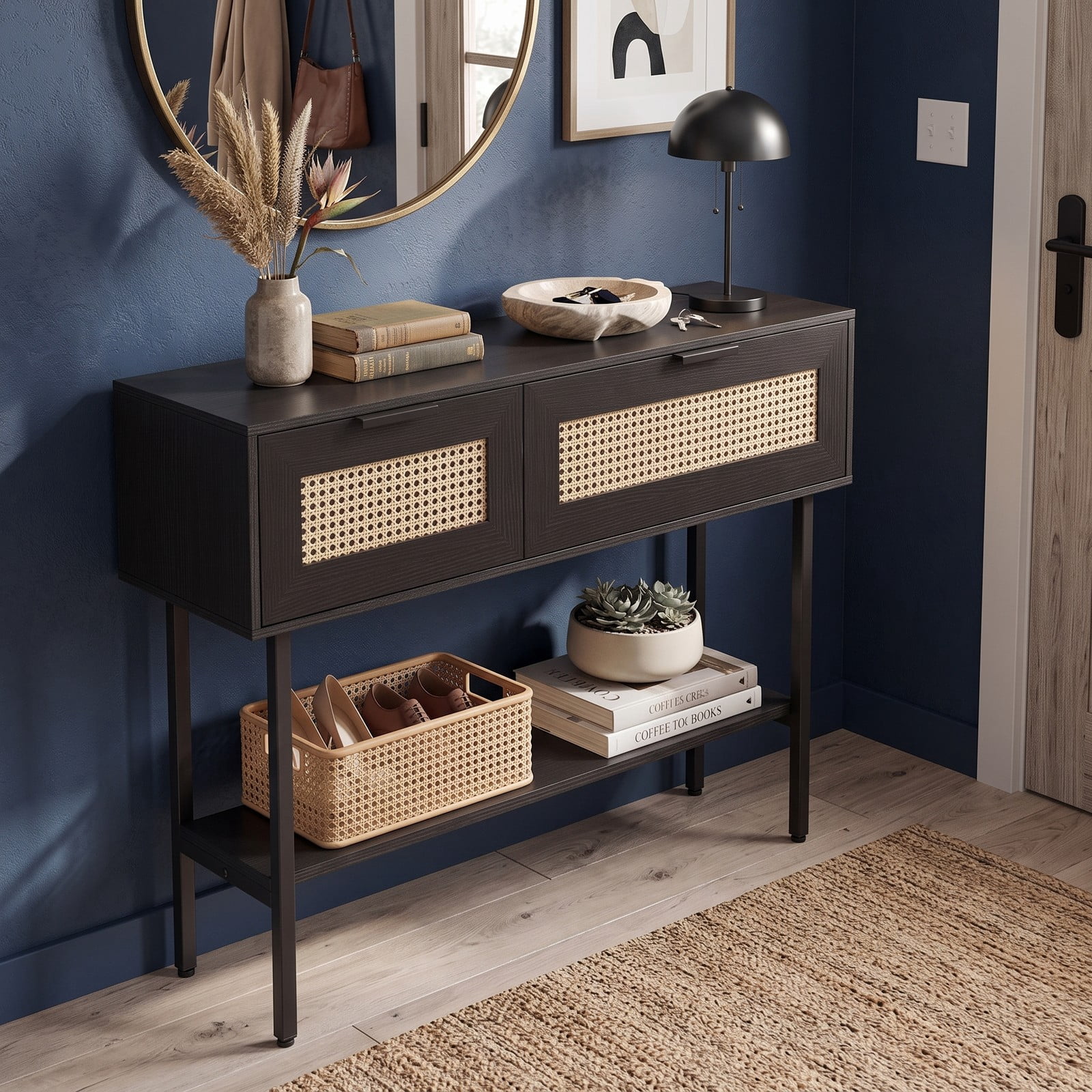 Furnibear Rattan Console Table with 2 Storage Drawers and Open Shelf and Carbon Steel Frame for Entryway and Hallway, Black