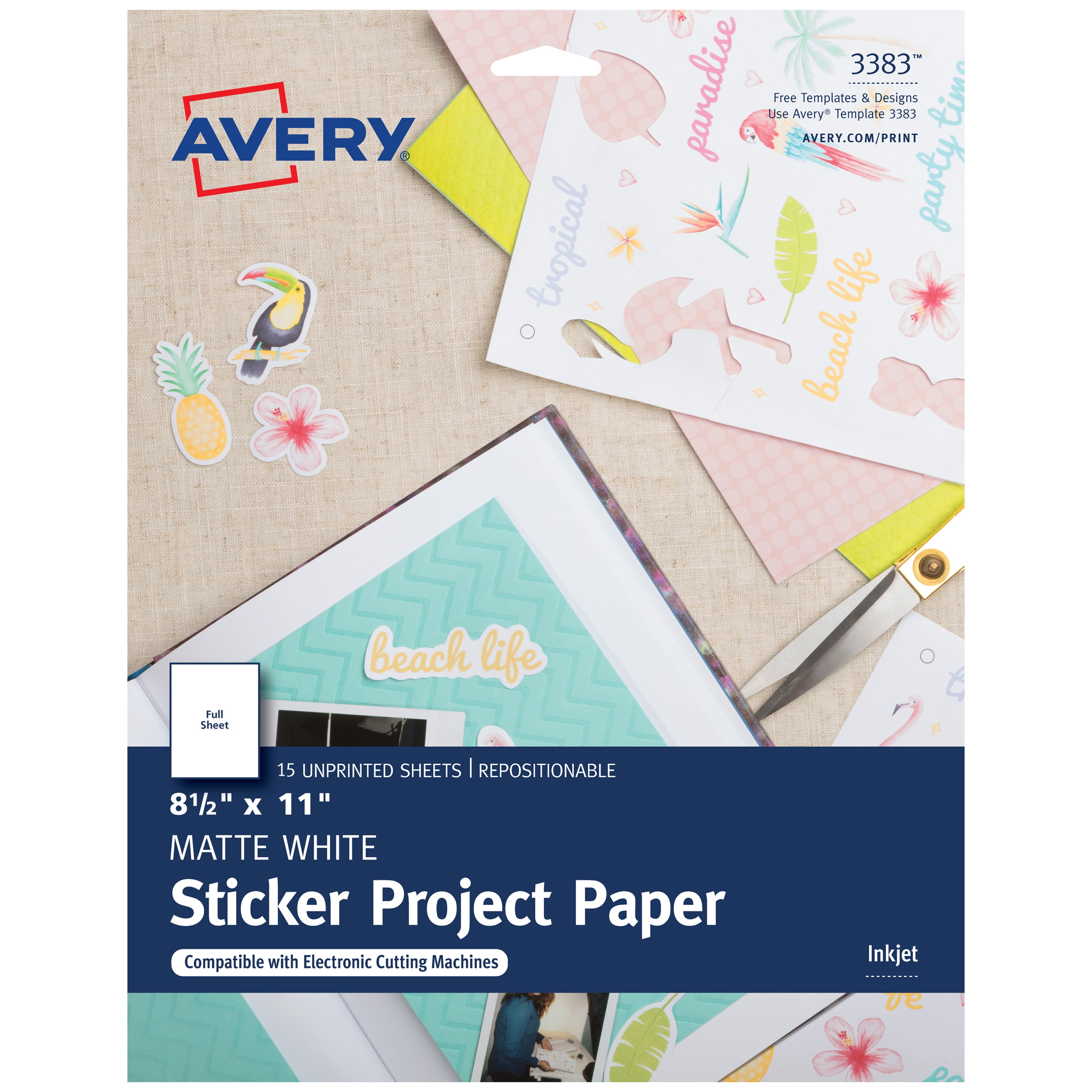 Avery Sticker Paper, Printable, Matte White, Inkjet, 15 Sheets (3383