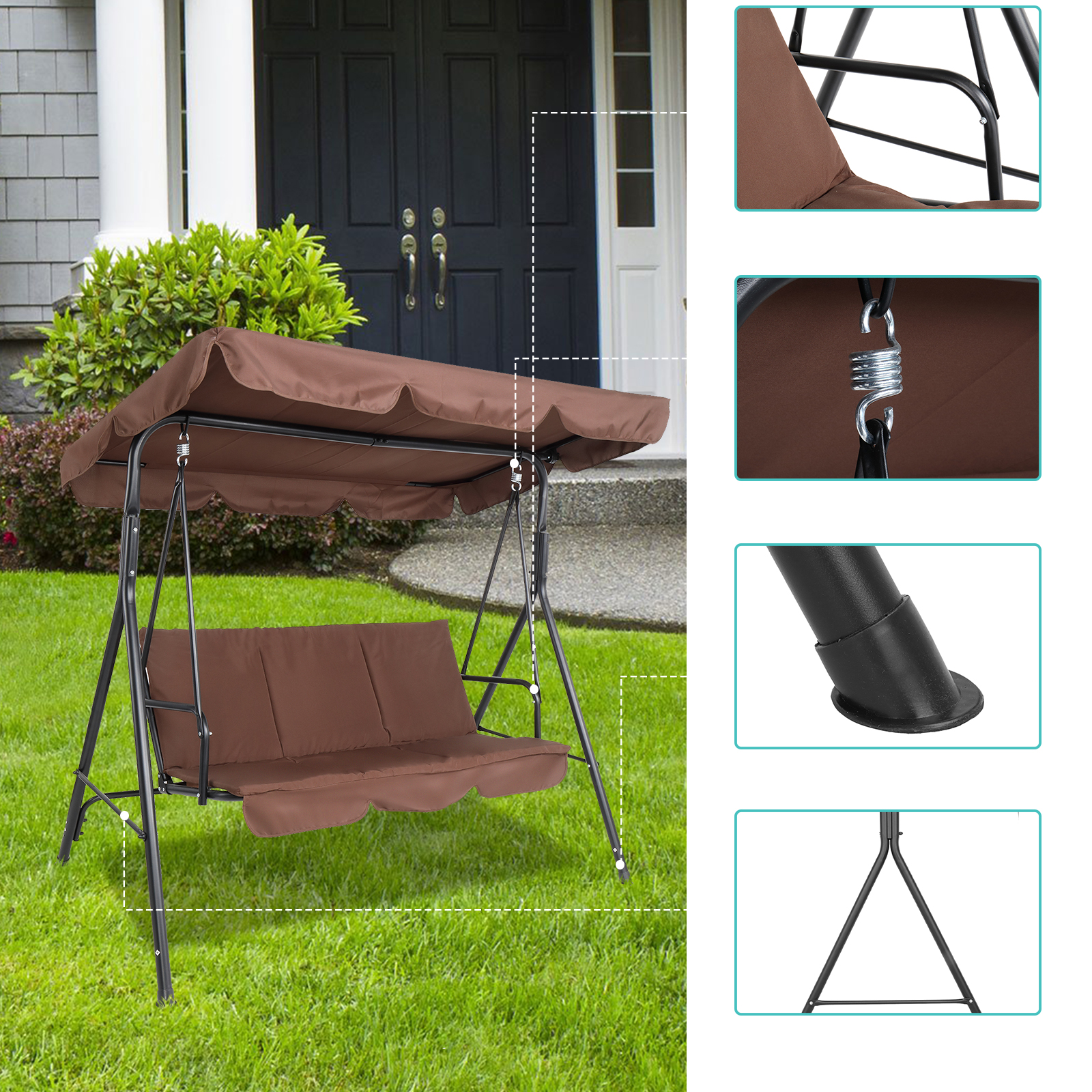 3 Person Outdoor Patio Swing Seat with Adjustable Canopy, All Weather Resistant Hammock Swing Chair W/ Removable Cushions, High Load-Bearing Sunshade Swing for Patio Garden Pool Balcony, T791 - image 5 of 9