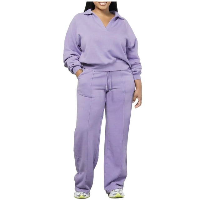 biudgviw Sweatsuits Women 2 Piece Outfit V Neck Long Sleeve Lounge Set Oversized Crop Tops and Drawstring Wide Leg Pants Set with Pockets