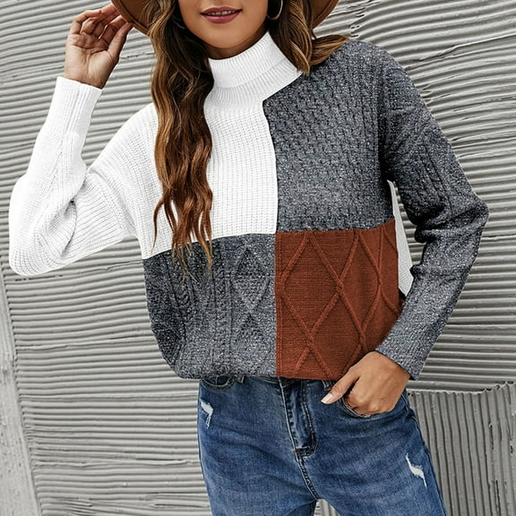2024 Fashion Casual Sweater for Women High Neck Long Sleeve Knit Tops Loose-Fit Color Block Pullover