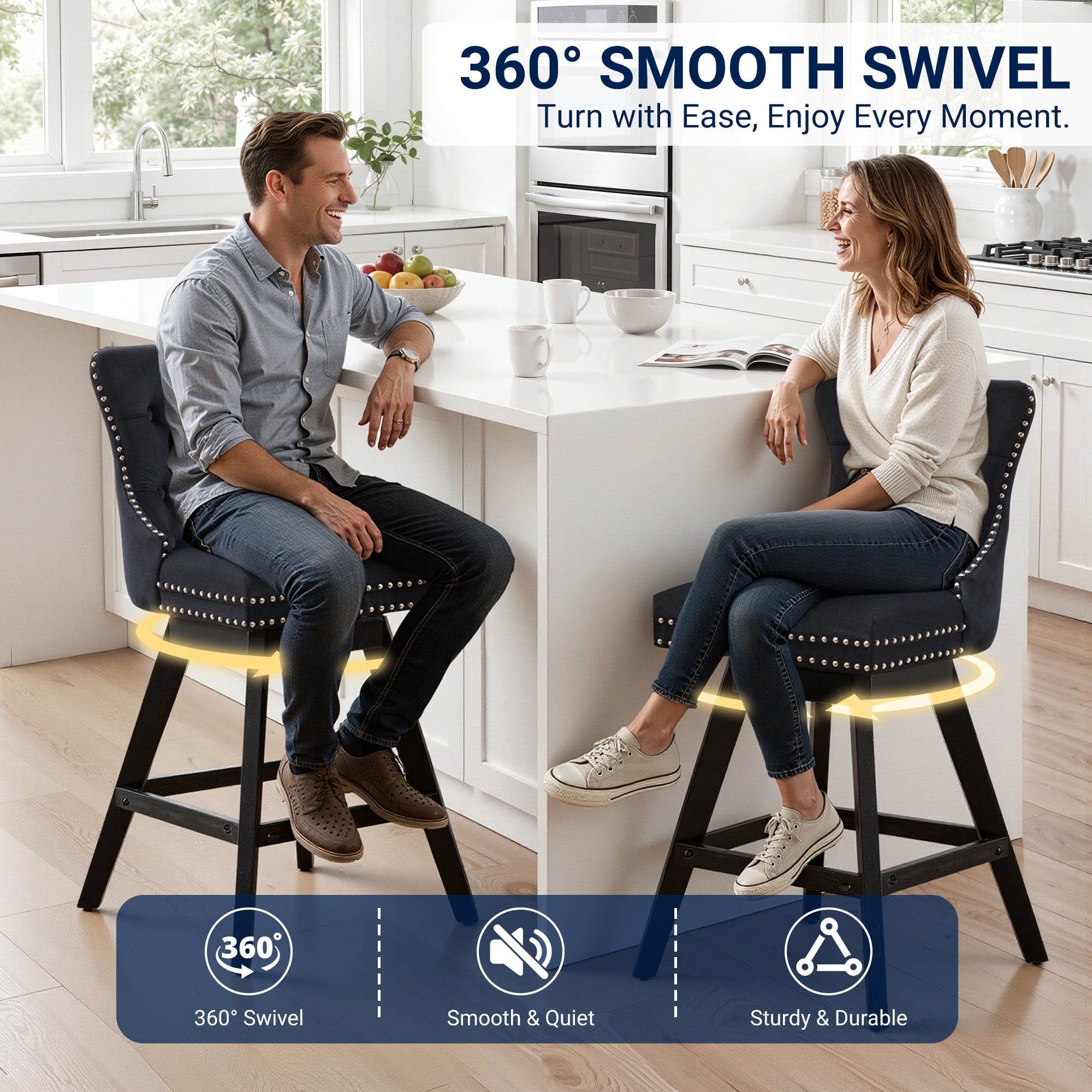 Swivel Bar Stools Set of 4, 26" Counter Height Bar Stools with Back, Farmhouse Velvet Barstools for 34–38" Kitchen Island, Black (Set of 4)