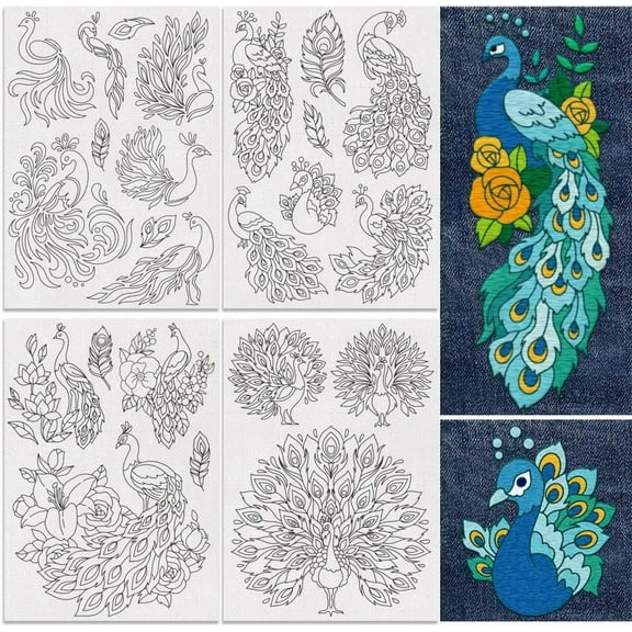 24Pcs Peacock Water Soluble Hand Sewing Stabilizers 8.3"x11.7" Peacock Embroidery Pattern Stabilizer 4 Sheets Animal Stick and Stitch Embroidery Paper Sticker Cloth