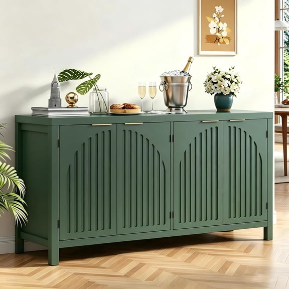 WARAYZ 58" Arched Groove Wood Storage Cabinet, Sideboard Cabinet with Doors and 2 Shelves for Living Room Dining Room Kitchen Entryway, Green