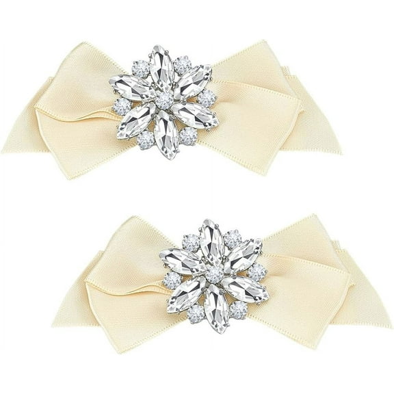 2 Pcs Bow Knot Rhinestone Shoe Clips Beige Bowknot Shoe Buckles Rhinestone Fabric Shoe Clips Polyester Crystal Bow Butterfly Shoe Charm Detachable Wedding Bow Knot Shoe Decor for Heels