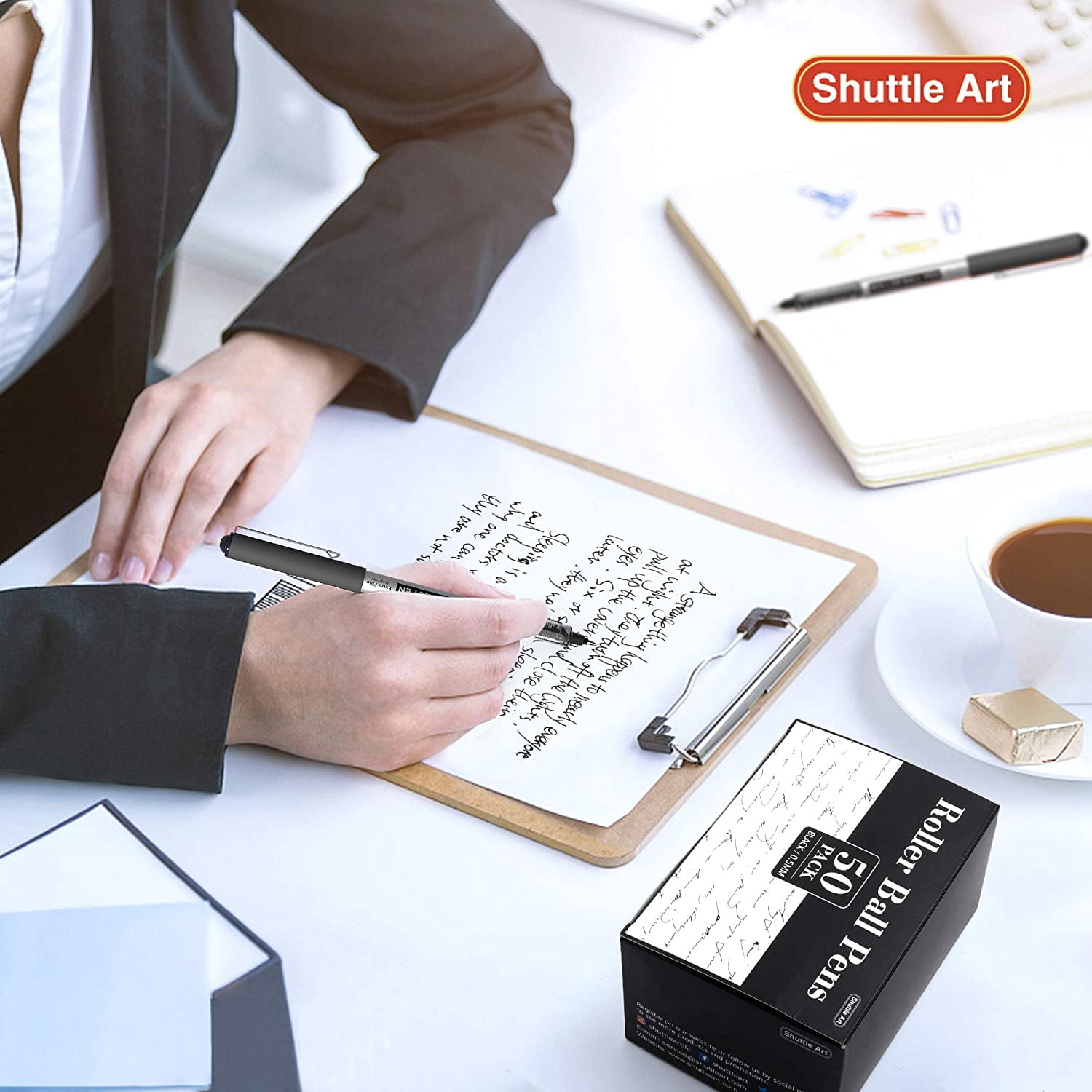 RollerBall Pens, Shuttle Art 50 Pack Black Fine Point Roller Ball Pens, 0.5mm Liquid Ink Pens for Writing Journaling Taking Notes
