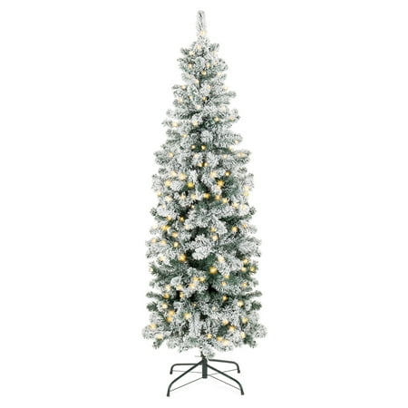 Flocked Christmas Tree Best Choice Products 6ft Pre-Lit Artificial Snow Flocked Pencil Christmas Tree Holiday Decoration w/ 250 Clear Lights ()