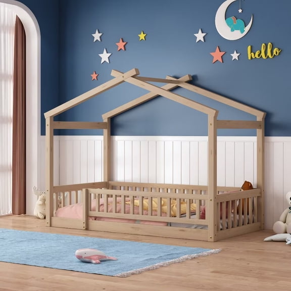Twin Size House Bed, Wood Floor Bed with Fence and Roof, Montessori Bed Playhouse Bed Toddler Bed Frame for Kids Girls and Boys, Natural