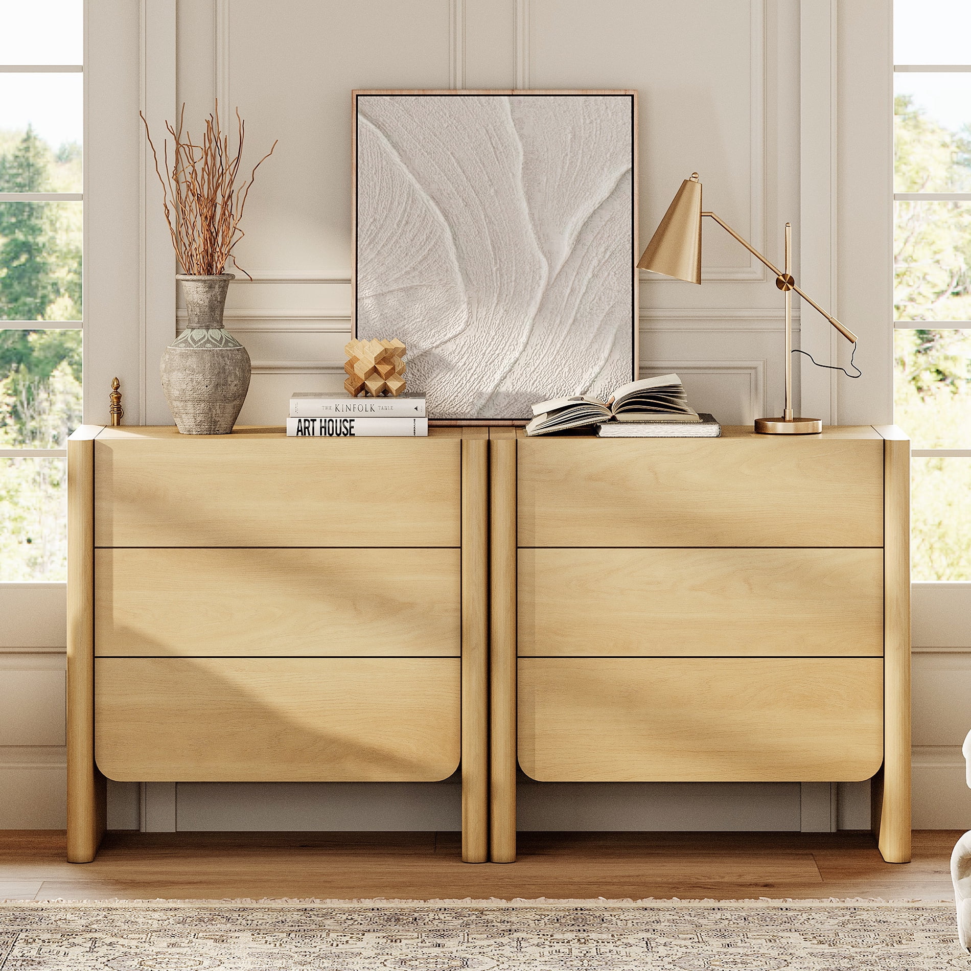 Modern French TV Stand, 63-Inch 2-Piece Media Console with 6 Push-to-Open Drawers, Supports TVs up to 70 Inches, Oak