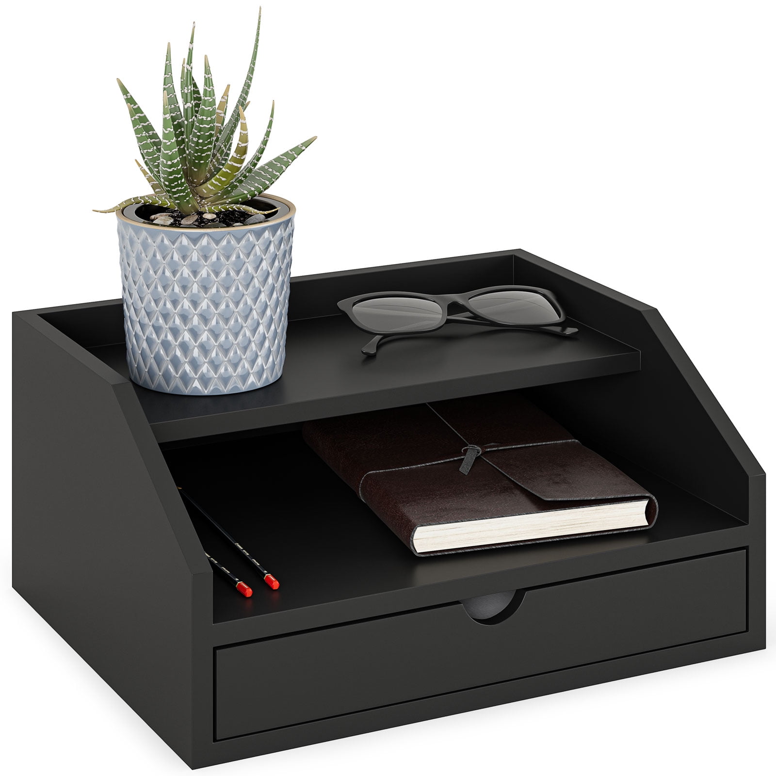 Ballucci Desk Organizer with Drawer, 3 Tier Paper File Holder and Mail Sorter, Black