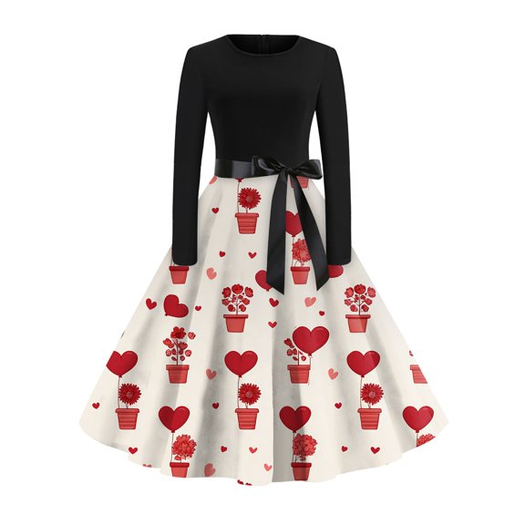 Fgvctg Valentine'S Day Dresses For Women Prom Vintage Cocktail 1950S Dress Cute Heart Graphic Crewneck Dresses Sweet Romantic Long Sleeve Clothing Trendy Outfit Watermelon Red 3XL