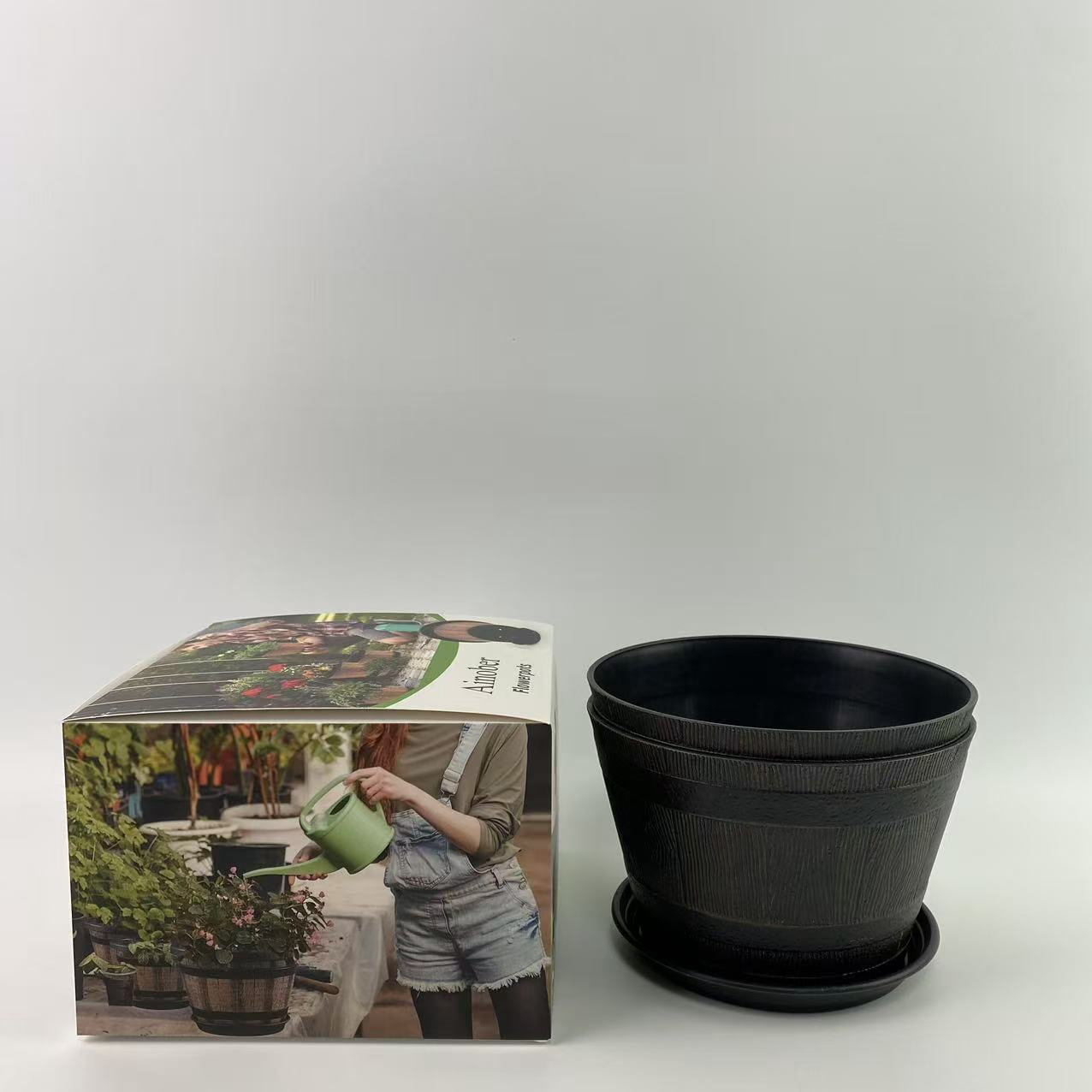 Ainober Flowerpots,10 inch Plant Pots,Plastic Decoration Flower Pots Imitation Wine Barrel Design, for Indoor & Outdoor Garden Home Plants (Brown)