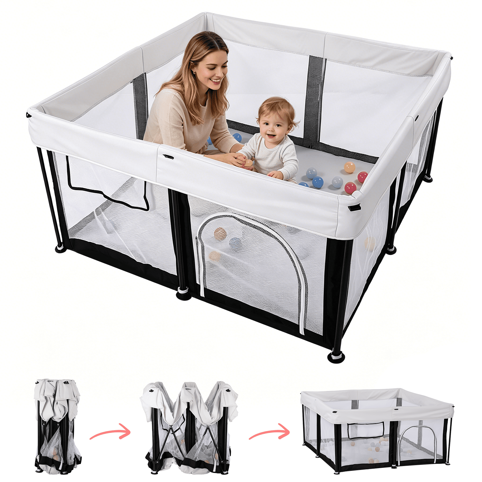 Portable Baby Playpen Large Play Yard Fence for Toddlers Indoor Outdoor,50"x50" with 30 Ocean Balls,White