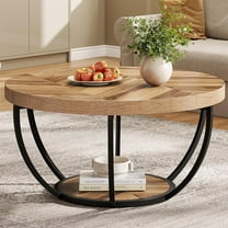 AEGFKD 31.7" Round Industrial Coffee Table with 2-Tier Storage Shelves, Modern Wood & Black Metal Accent Center Table for Living Room, Home Office – Easy Assembly
