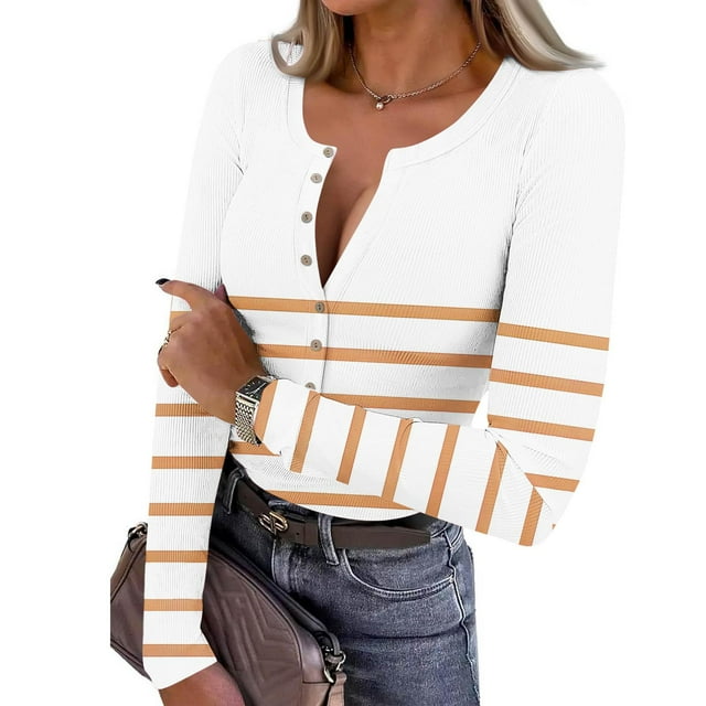 Yourumao Ribbed Knit Tops for Women Striped Half Button Henley Shirts Fitted Long Sleeve Blouses Spring Summer Tshirts