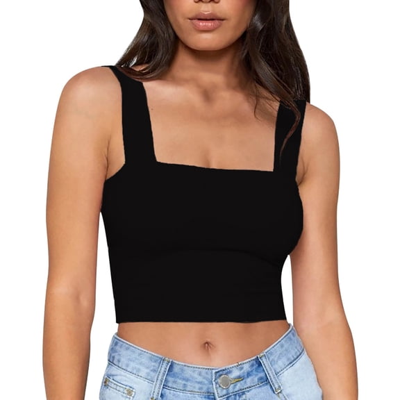 DHFJKG Women's Sexy Crop Tank Top Square Neck Wide Straps Tight Solid Color Basic Cami Shirts Summer Night Out Club Party Wear Trendy Tops