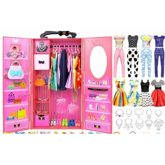 Doll Closet for barb with Doll Accessories for 11.5 Inch Doll - Fashion Design Doll Set Including Wedding Dress Fashion Dresses Outfits Tops and Pants Hangers Bags