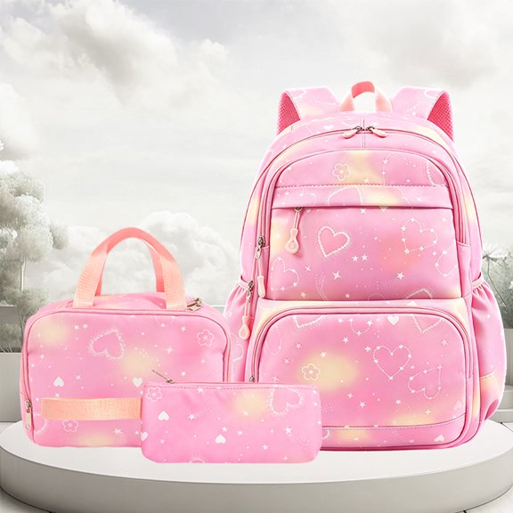 3Pcs Pink Heart Print Backpack Set, Multi-Pocket Casual Lightweight Bookbag with Insulated Lunch Bag and Pencil Case for Travel Work Daypack