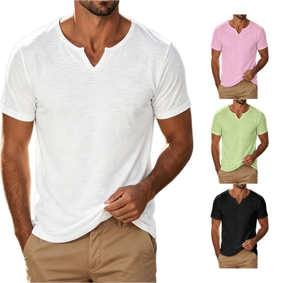 JAJAHO Linen Shirts For Men Short Sleeve V Neck T Shirt Casual Summer Regular Fit Solid Color Basic Tee Lightweight Beach Versatile Tops