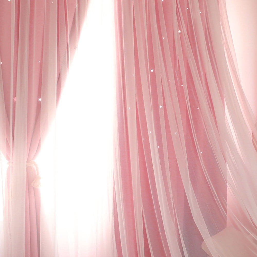 JTWEB 2PCS Blackout Curtains Grommets Princess Star Hollowed Window Curtains for Girls Kids Room Living Room, Bedroom, Window Decor Light Blocking Voile Pink 39“*63“