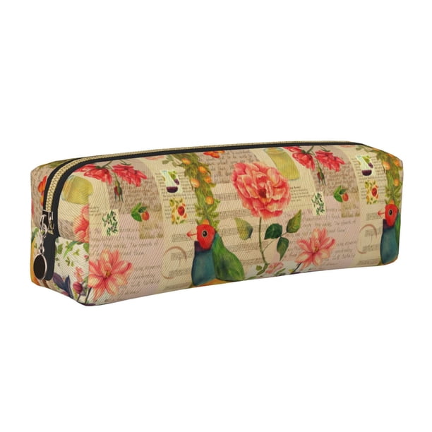 Easygdp Vintage Bird para Estuche de Lápices de Cuero, Estuche de Papelería de Cuero, Estuche de Gran Capacidad con Cremallera