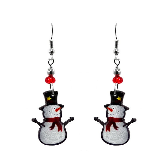 Frosty Snowman Christmas Themed Graphic Dangle Earrings - Womens Fashion Handmade Jewelry Holiday Accessories