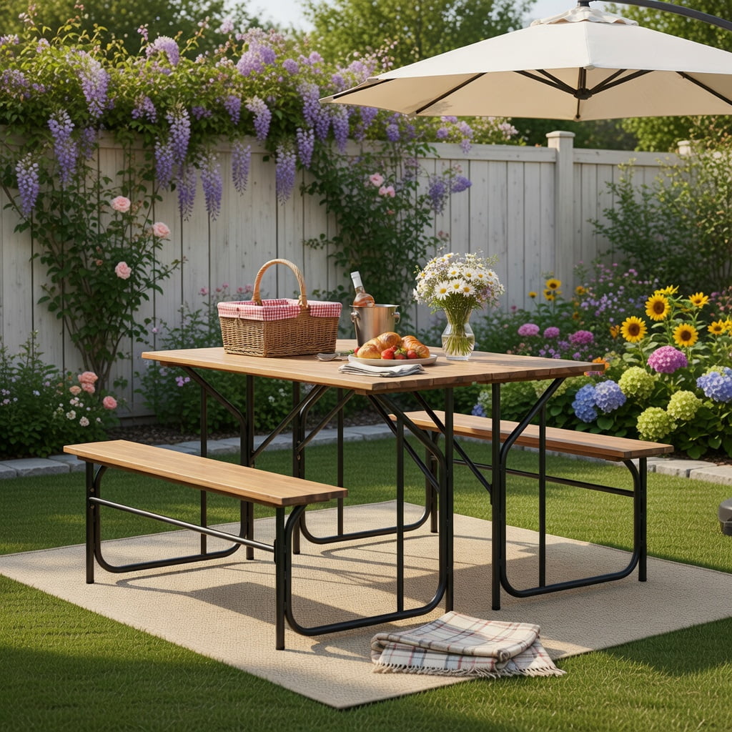Hommoo Acacia Wood Outdoor Picnic Table & Bench Set for 2, Heavy-Duty Metal Frame, 52-inch Seating, Ideal for Backyard, Patio, Balcony, Black & Natural