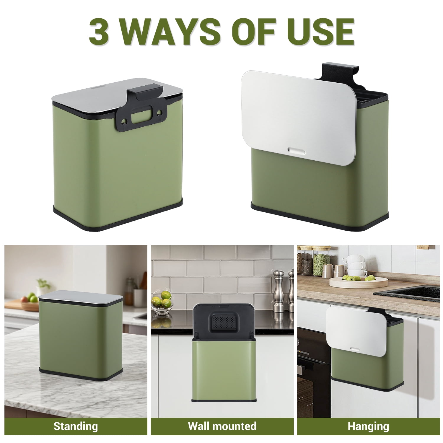1.3 Gallon Stainless Steel Kitchen Waste Bin Compact Small Trash Can Durable Garbage Bin for Countertop Under Sink Bathroom Bedroom Cupboard - Green
