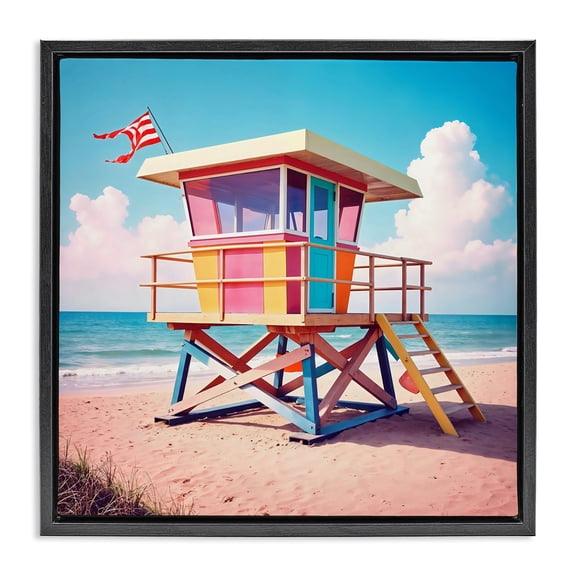 Stupell Industries Mid-Century Colorful Sunny Beach Tower Black Floating Frame Canvas Art, 18 x 18, by Creative Studio