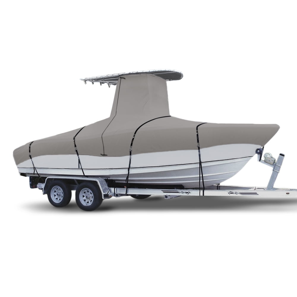900D Marine Grade Fade and Tear Resistant Trailerable T-Top Boat Cover，Heavy-Duty Waterproof and UV-Proof TTOP Boat Storage Cover with Windproof Metal Buckle Straps Fit 26ft-28ft L(Grey)