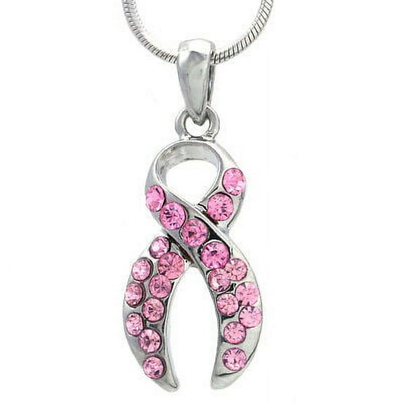 Breast Cancer Awareness Pink Ribbon Gift Rhinestone Necklace Pendant Silver Tone