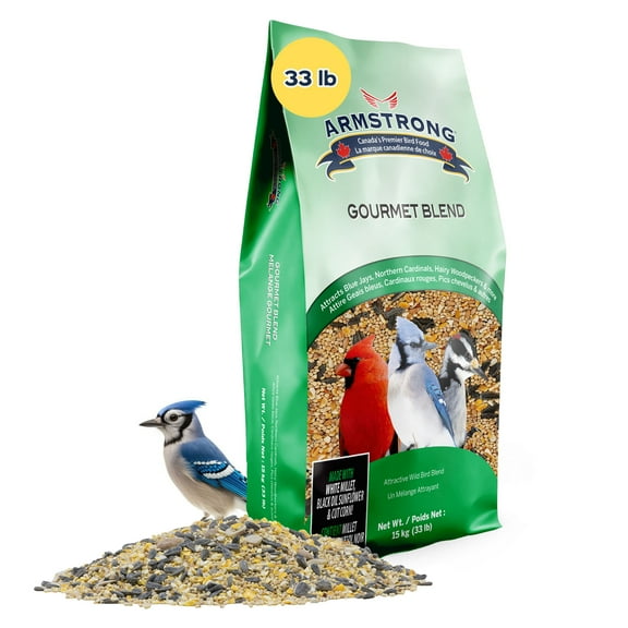 Armstrong Bird Food Gourmet Blend, 33 Pounds - with White & Red Millet, Cut Corn, Wheat, Black Oil Sunflower, Striped Sunflower, Peanuts & Safflower for Blue Jays, Northern Cardinals and More